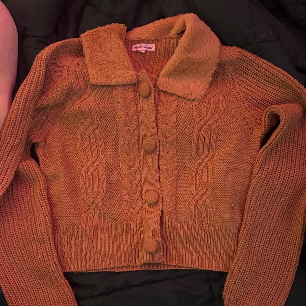 Cozy Mustard Cable Knit Cardigan with Faux Fur Collar